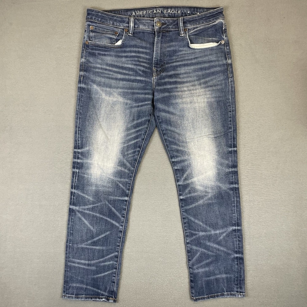American Eagle Jeans Mens 34x30 Blue Original Straight Airflex+ Whisker Fade